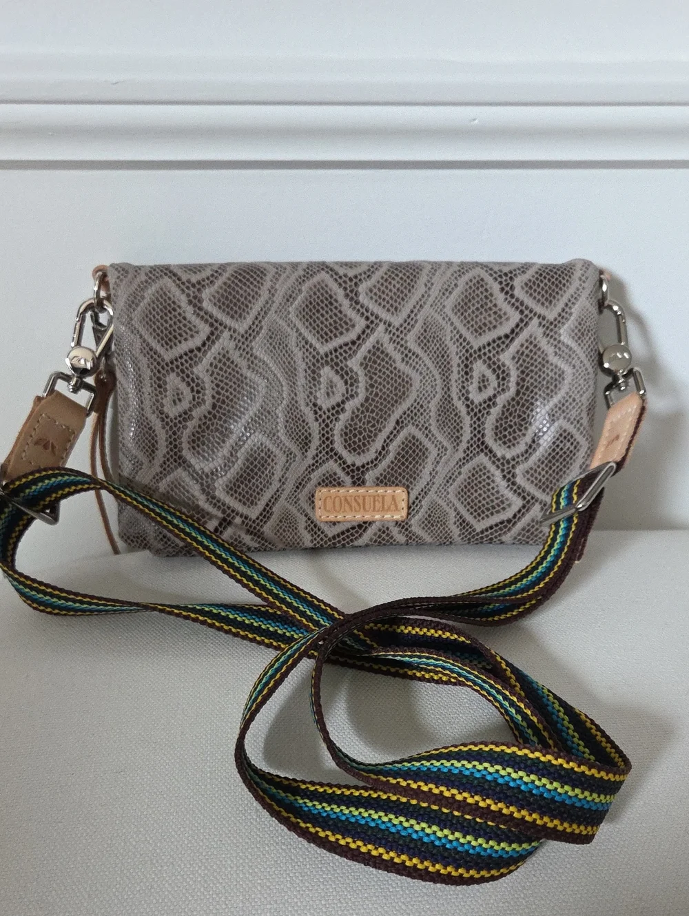Consuela Taupe Snake-Print Crossbody with Multicolor Stripe Strap - Picture 1 of 4
